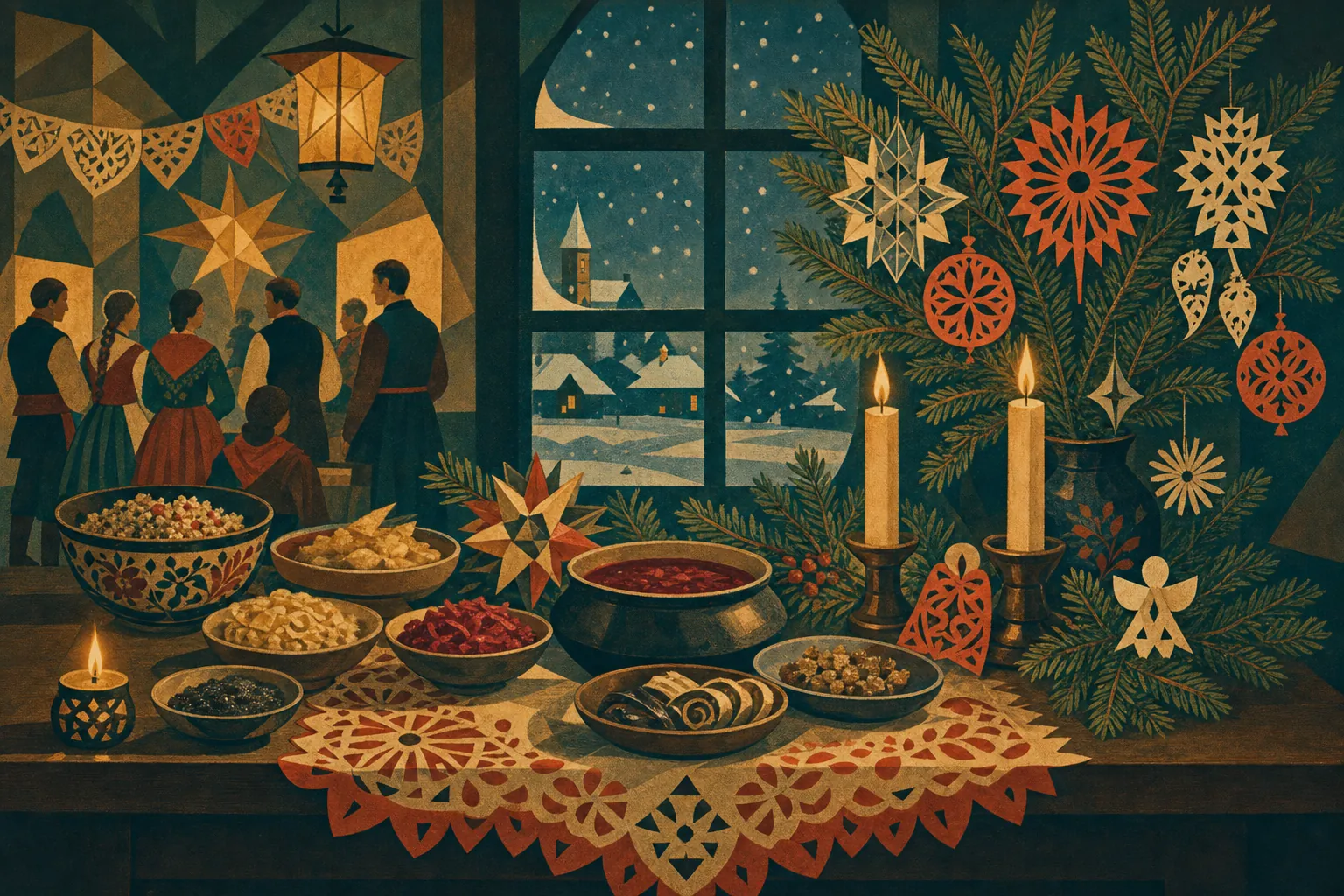 Illustrazione di una festa tradizionale polacca: tavola imbandita, candele e decorazioni folk in una sera d’inverno