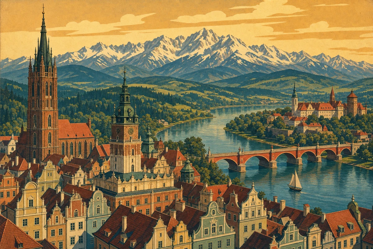 Illustrazione della Polonia: una città storica sul fiume con i Monti Tatra all'orizzonte