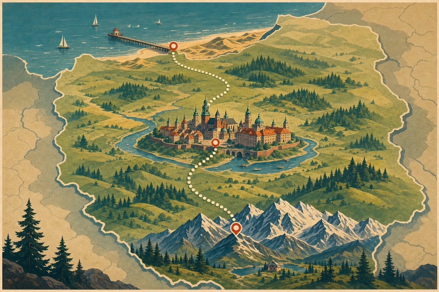 Mappa illustrata della Polonia con un itinerario tratteggiato che collega i Monti Tatra a sud, una città storica sul fiume al centro e la costa del Mar Baltico a nord