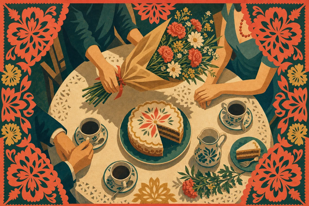 Illustrazione di una festa per l’onomastico in Polonia: una tavola con dolce, caffè e un mazzo di fiori, tra decori folk