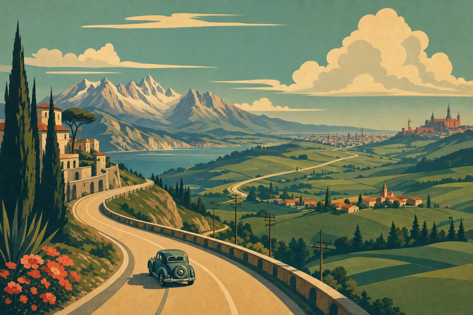 Illustrazione di un’automobile in viaggio su una strada che attraversa i paesaggi dall’Italia verso la Polonia