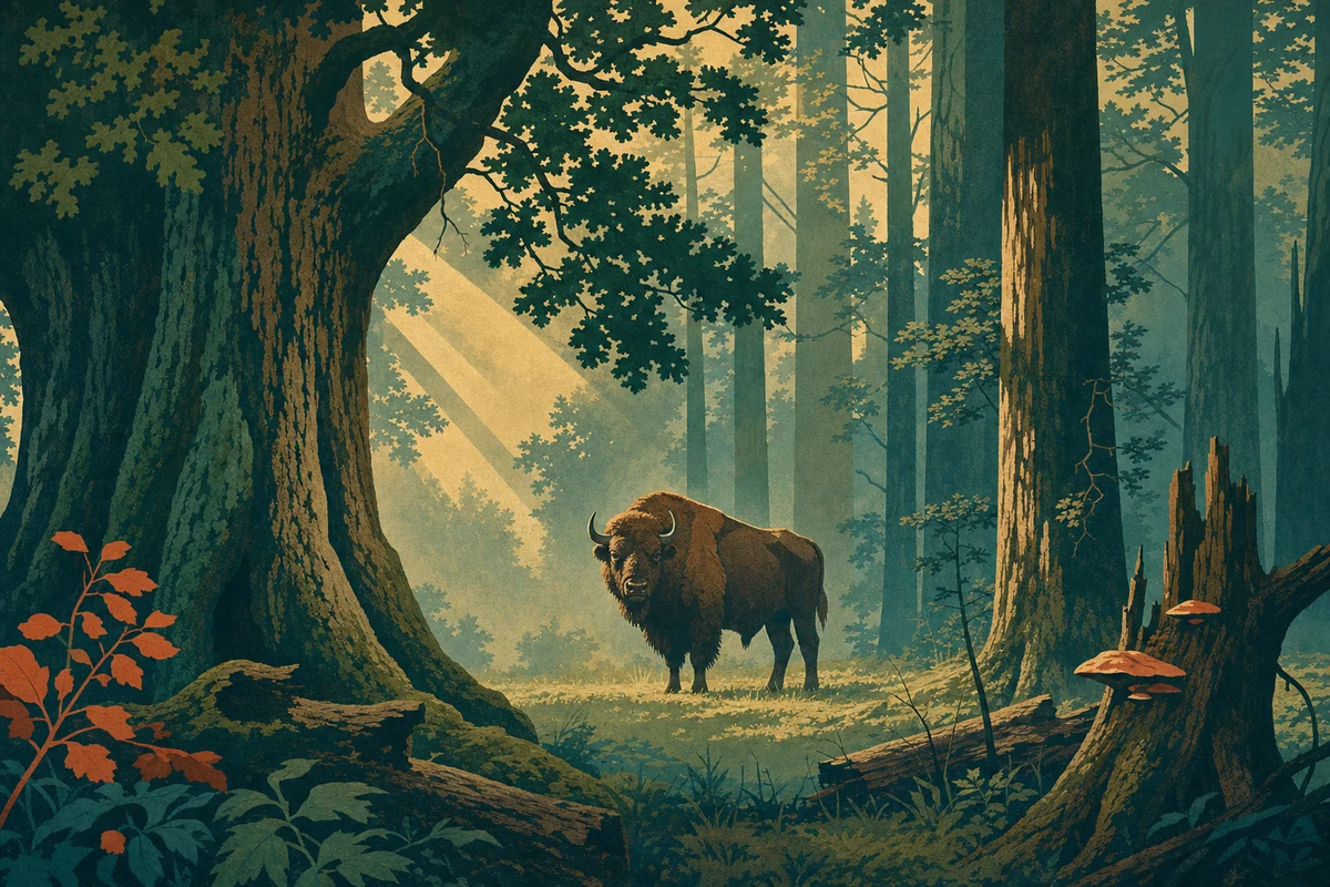 Illustrazione della foresta di Białowieża con un bisonte europeo