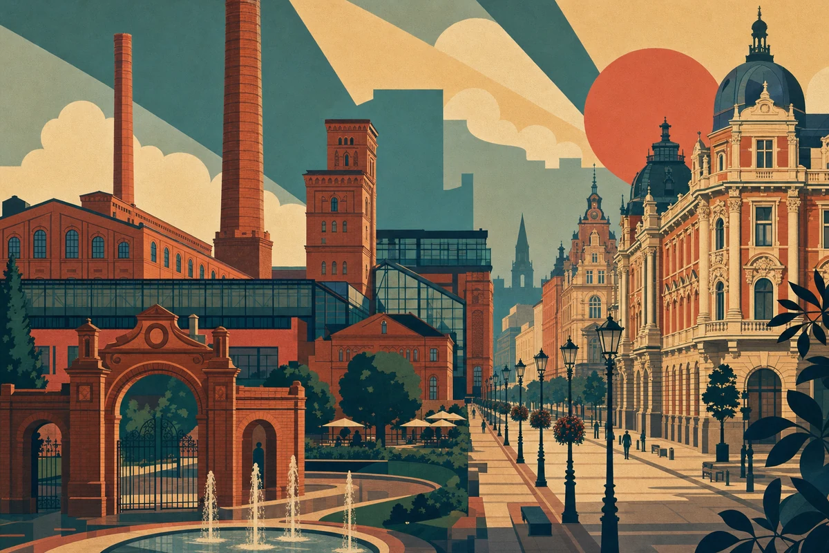 Illustrazione di Łódź e delle sue fabbriche storiche
