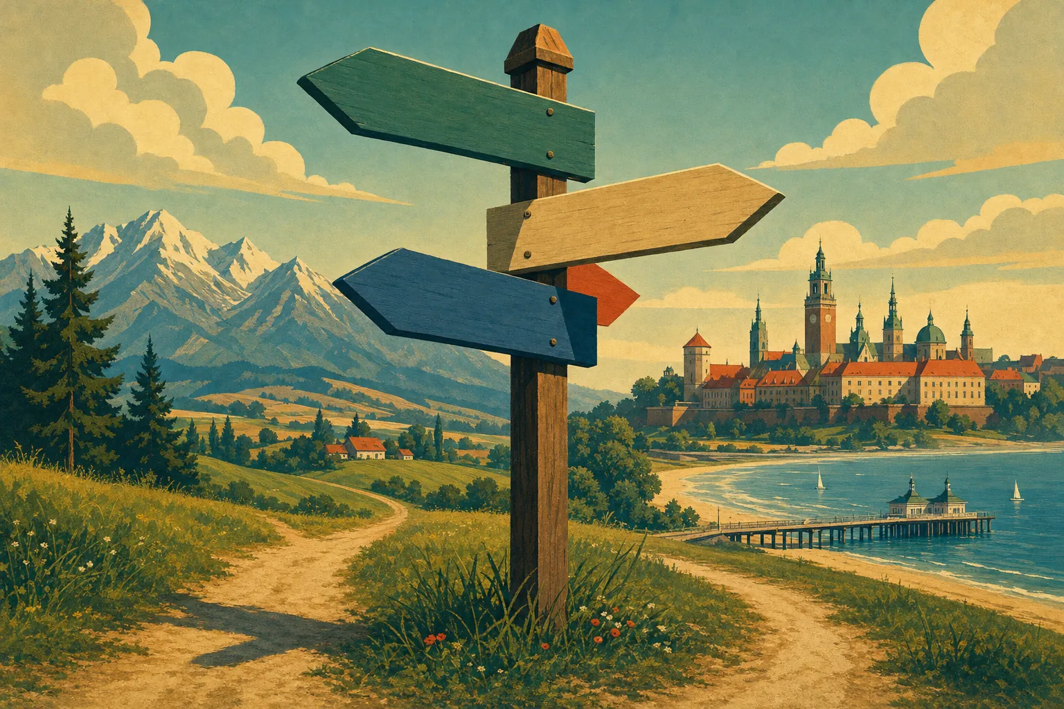 Illustrazione di un cartello segnaletico di legno a un bivio nella campagna polacca, con frecce che indicano montagne, una città di torri e il mare